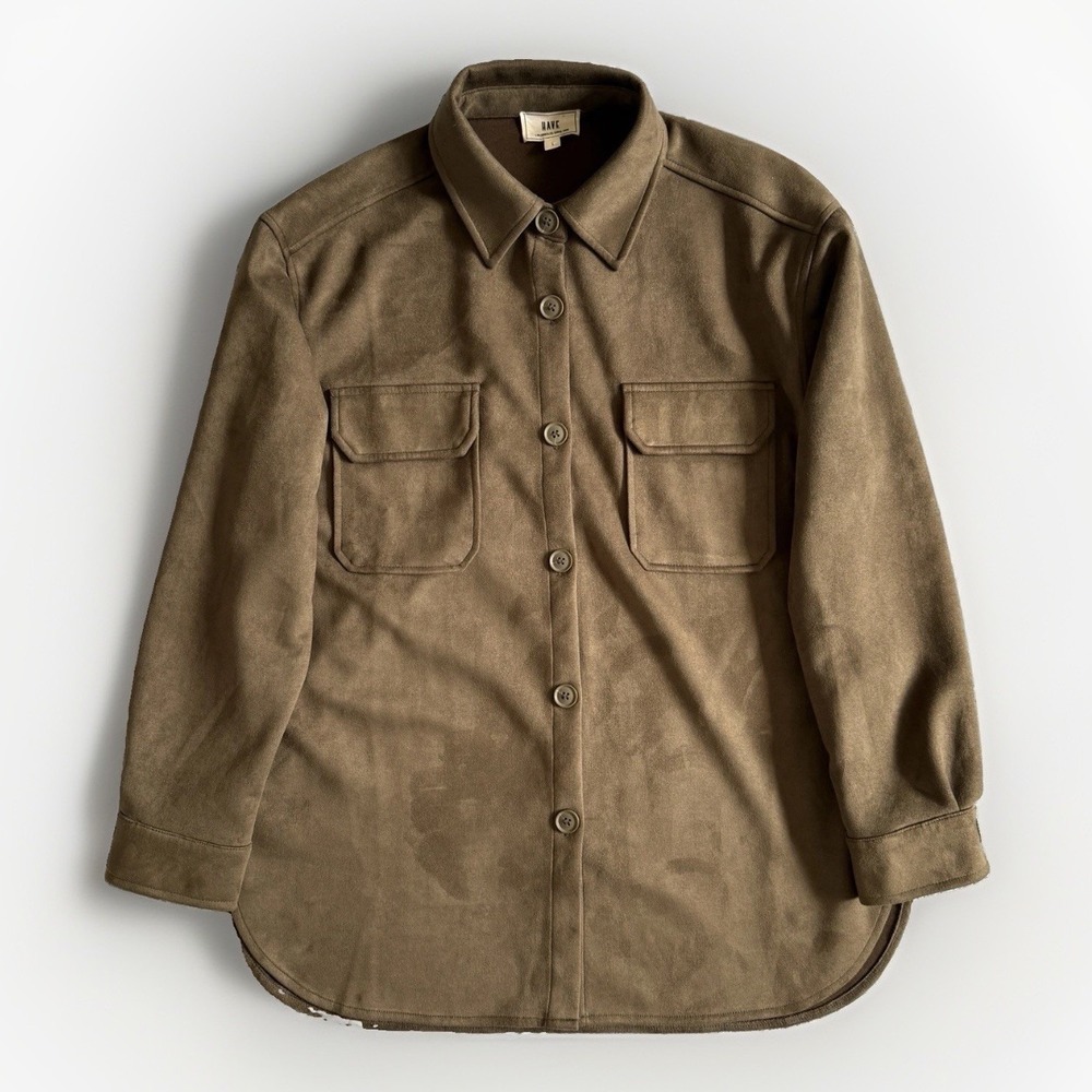 HAVE Los Angeles Faux Suede Button Shacket L Green Brown Minimalist Shirt Jacket